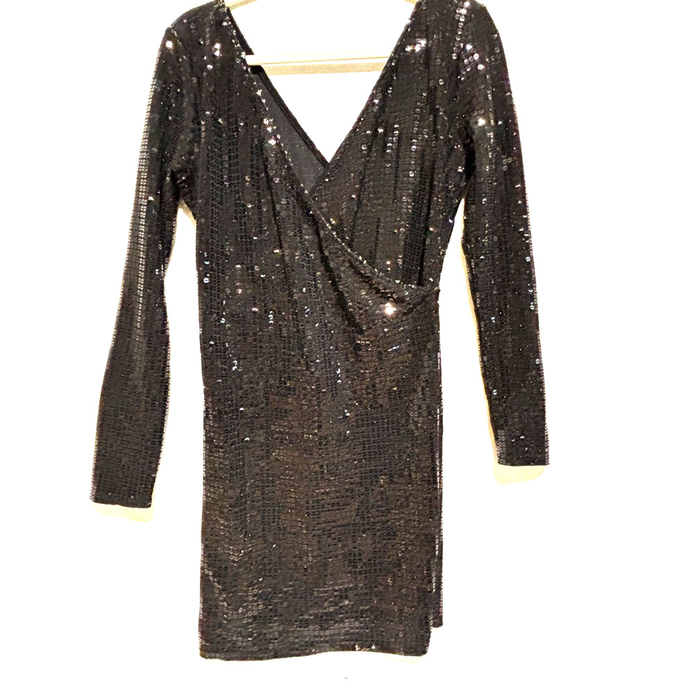 Free Press‎ Black Sequins Sexy Mini Party Dress Crisscross Sz M Cocktail formal